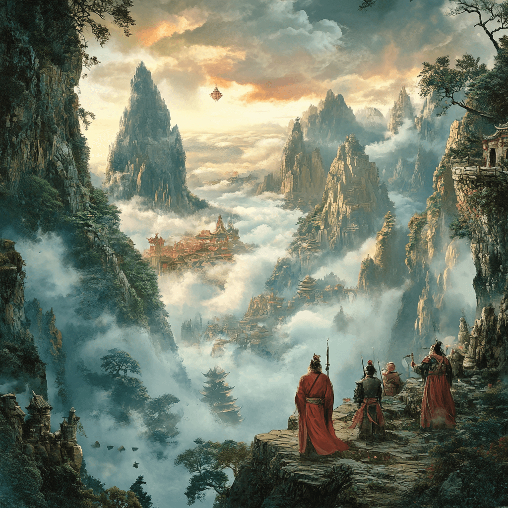 Chinese landscape with mountains and temples